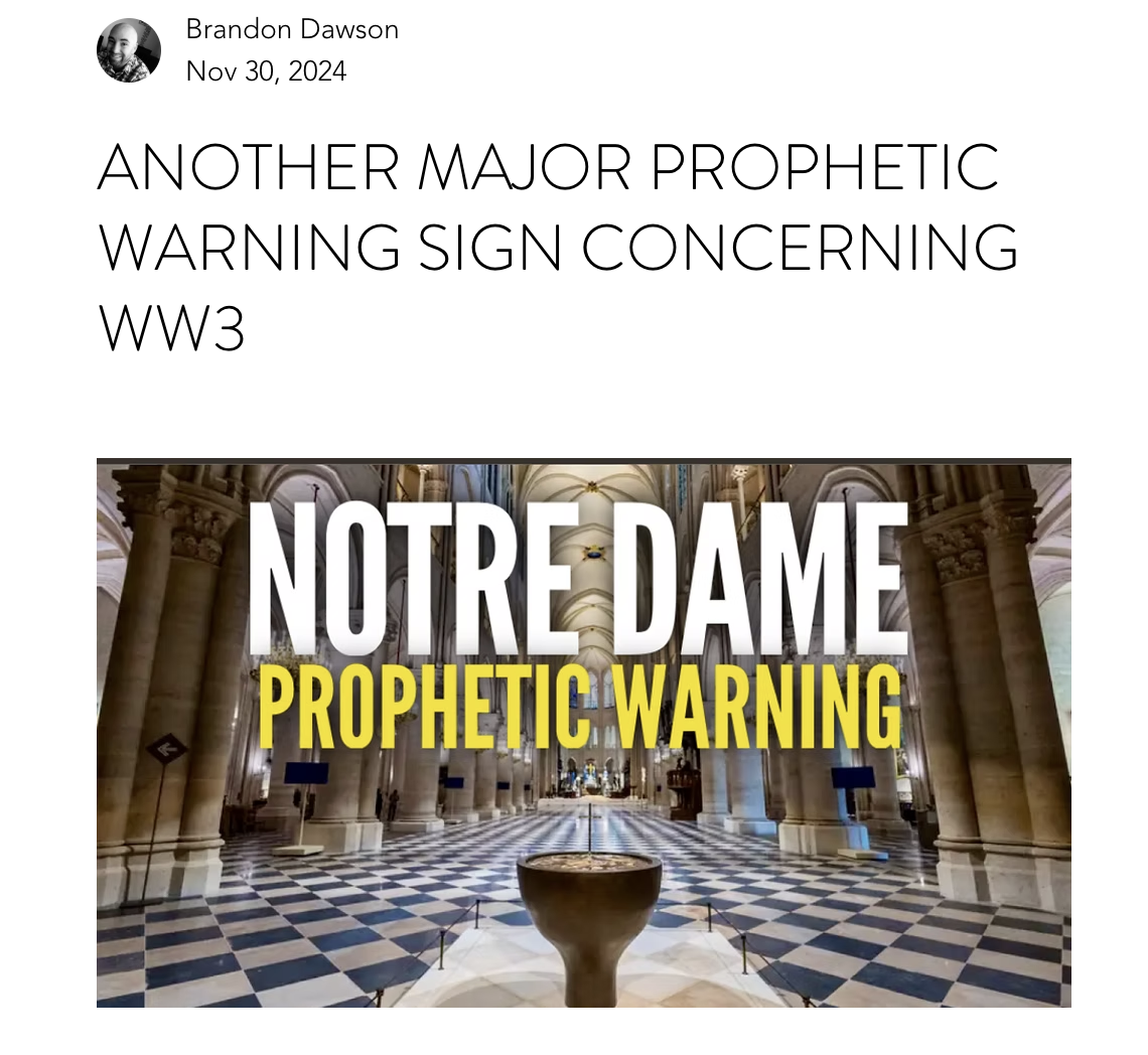 Notre Dame interior with a baptismal font, checkered floor, and arched ceiling. Text: "Notre Dame Prophetic Warning" and "WW3."