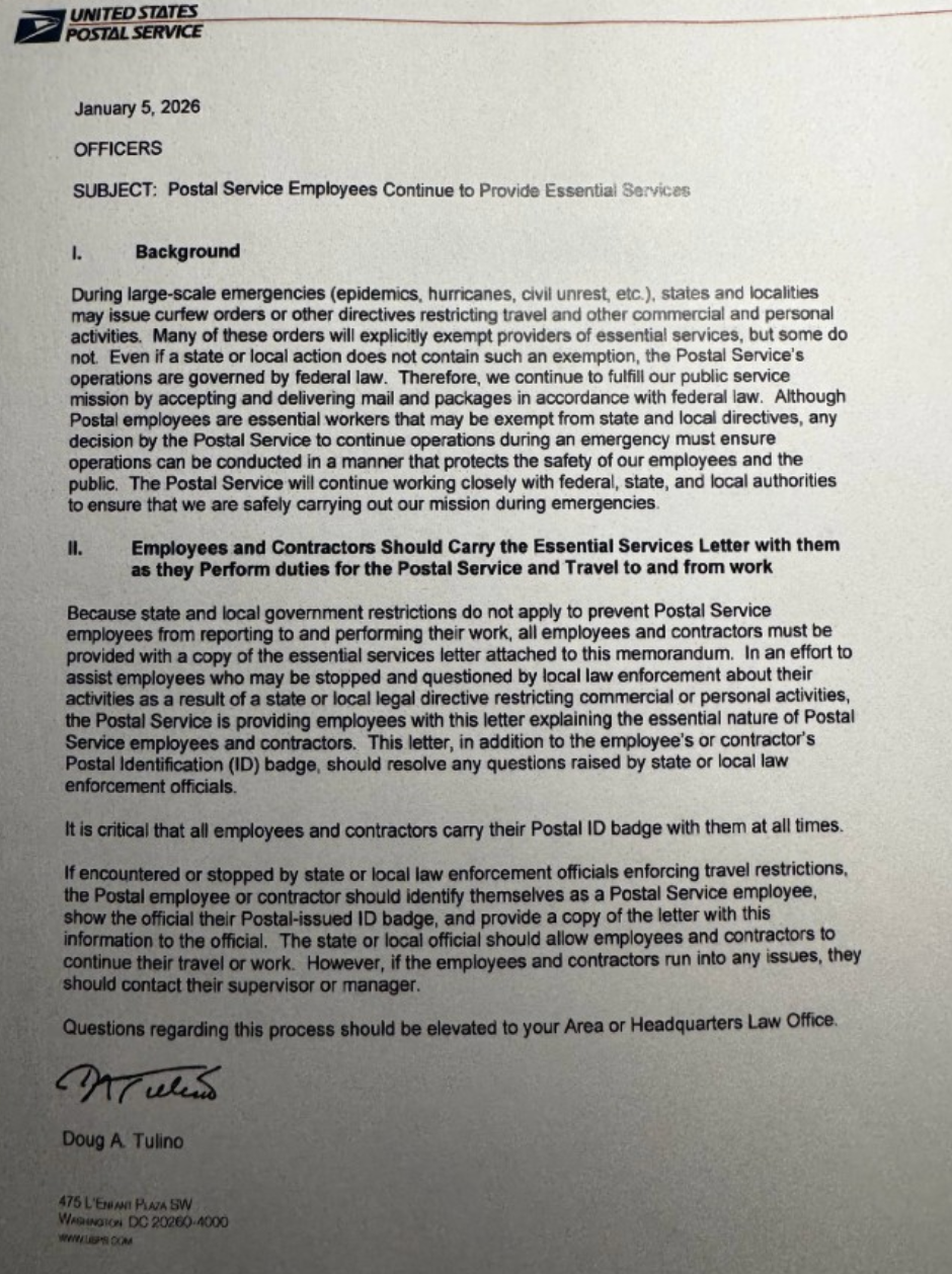 Verified USPS Memo To Employees Concerning Operations Under National Emergency (same from 2020)
